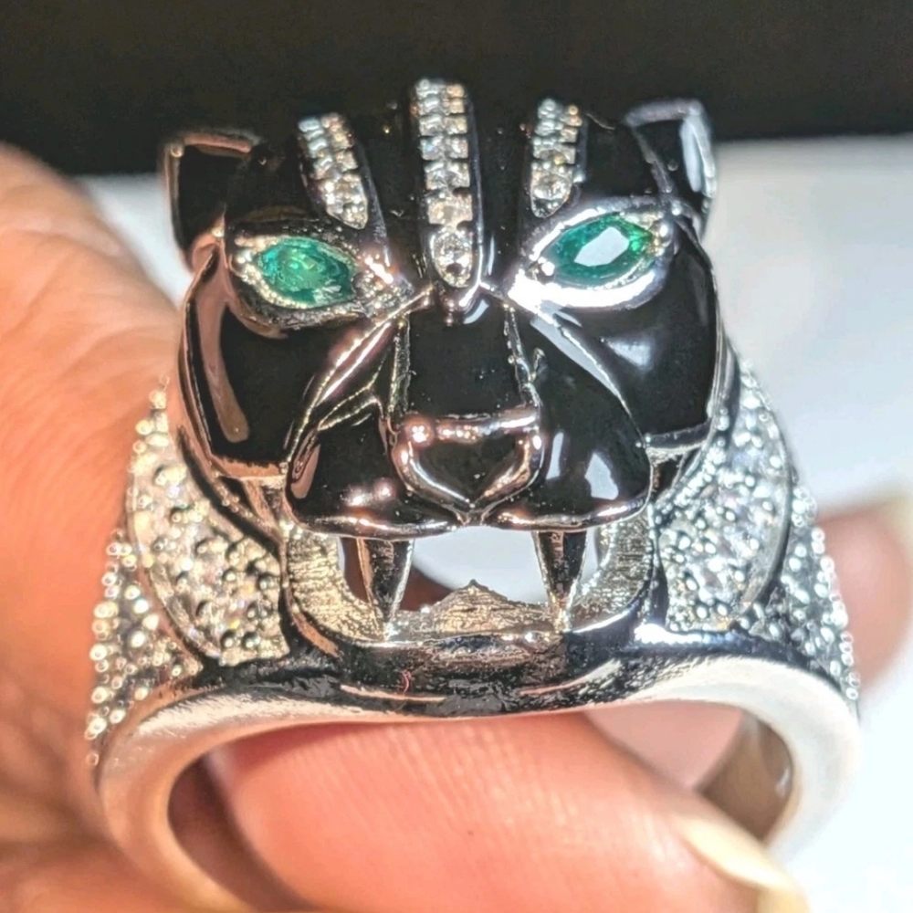 Retro 3Ct Round Cut Lab-Created Diamond Onyx Men's Black Panther Ring Sz 12 - Picture 6 of 17